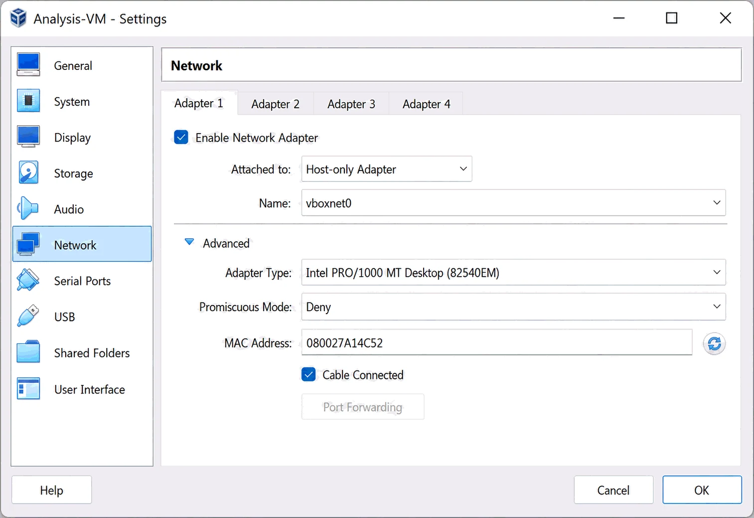 VirtualBox network adapter settings showing host-only configuration