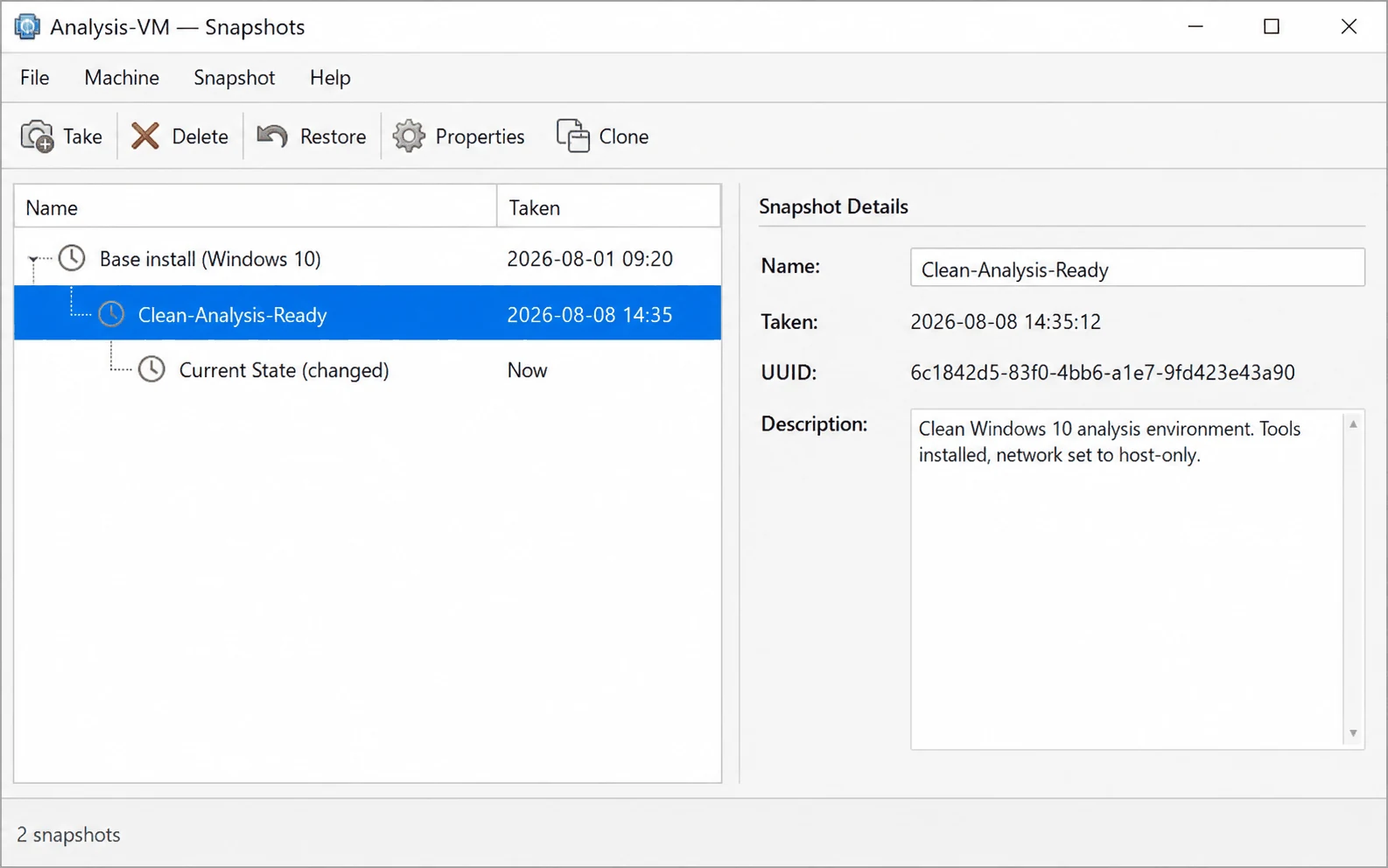 VirtualBox Snapshot Manager with a clean Analysis-Ready snapshot