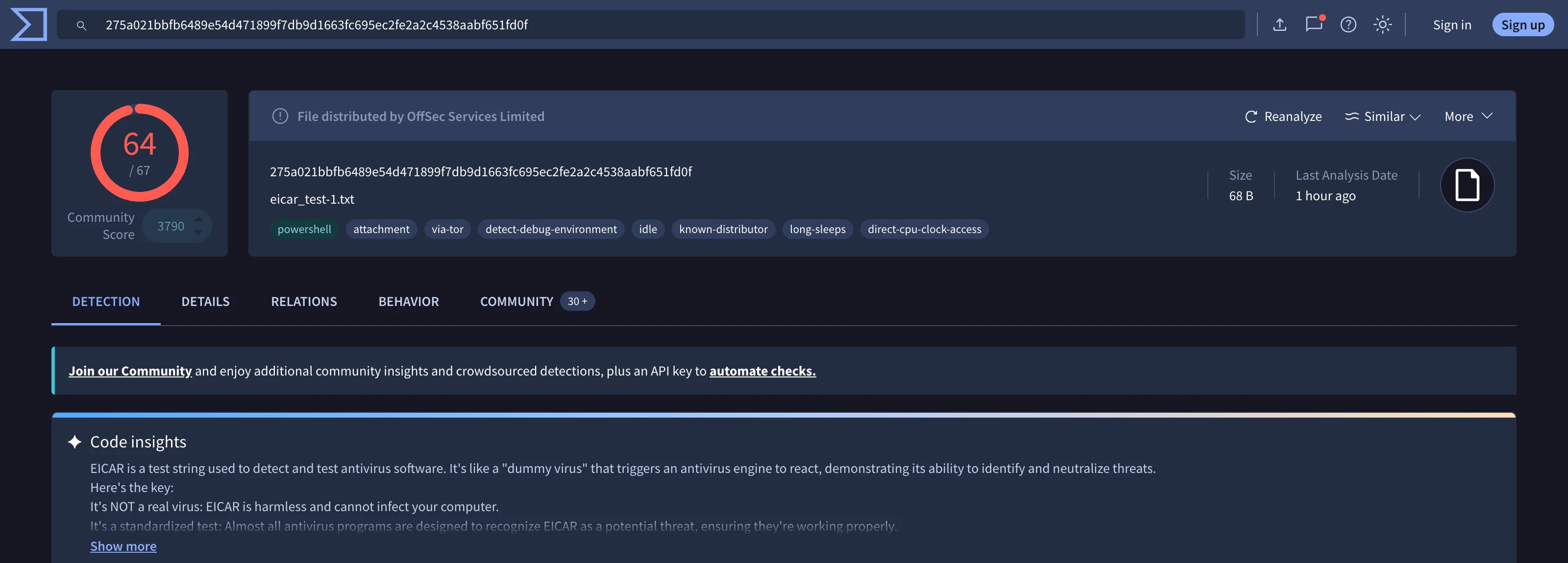 VirusTotal hash lookup results showing detection ratio and file details