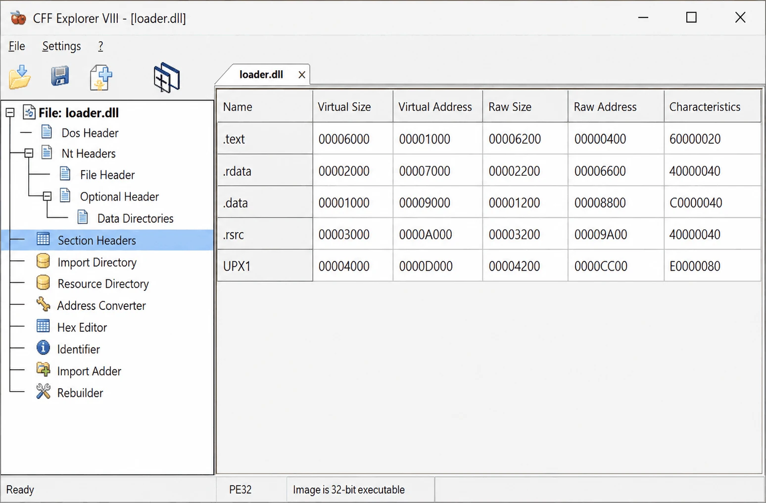 CFF Explorer showing the section headers of a PE file, with its navigation tree of DOS header, NT headers, directories and hex editor