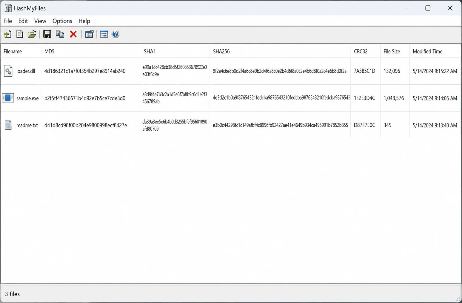A GUI hashing utility listing MD5, SHA-1, SHA-256 and CRC32 for a file — the same values the command line produces, without a terminal