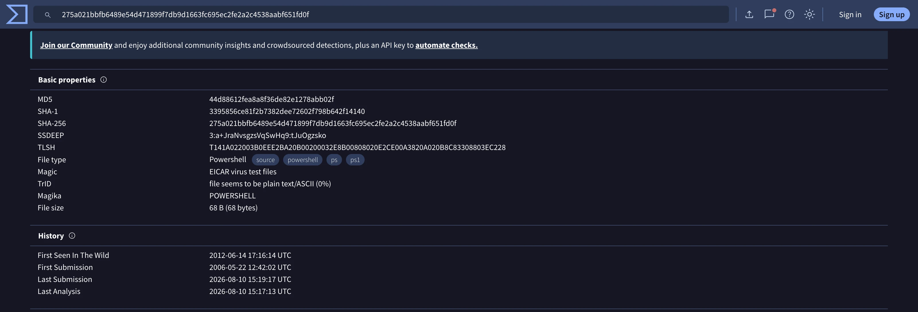 VirusTotal search results page after submitting a SHA256 hash