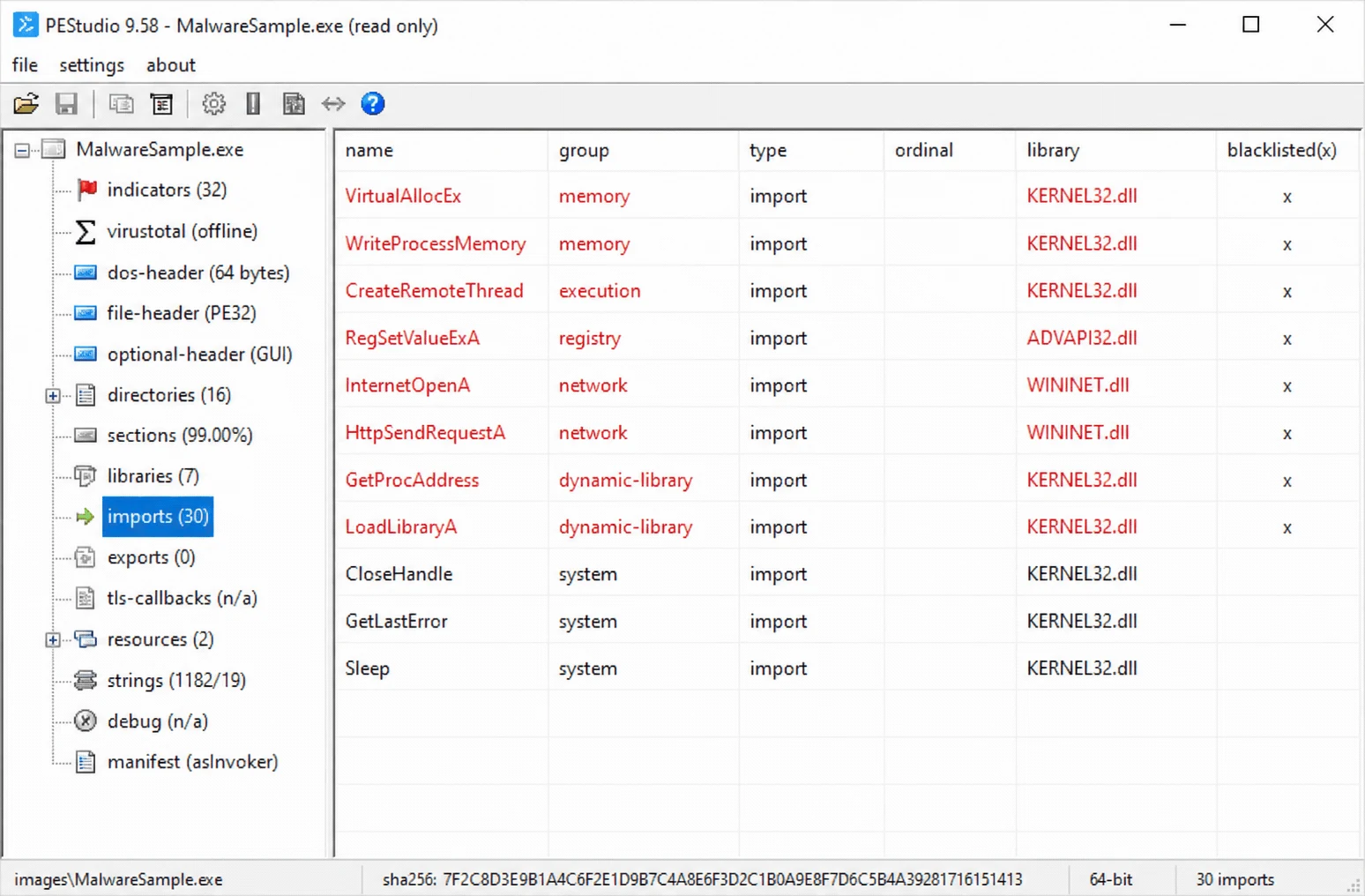 PEStudio imports tab with suspicious API calls flagged