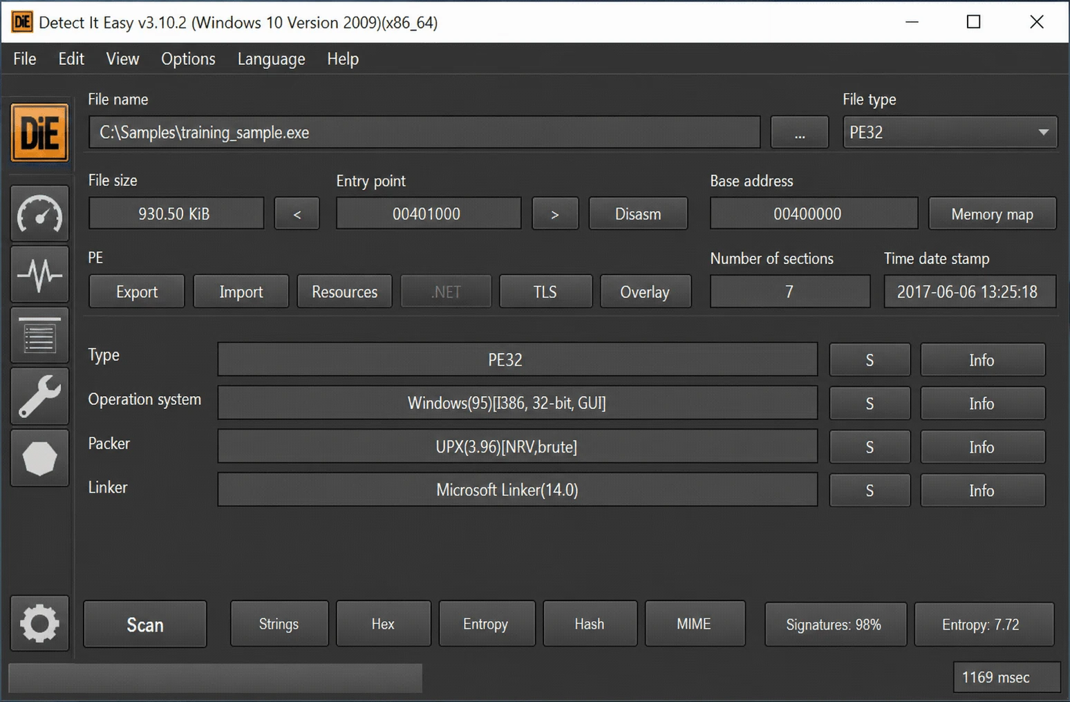Detect It Easy identifying UPX packer on a sample