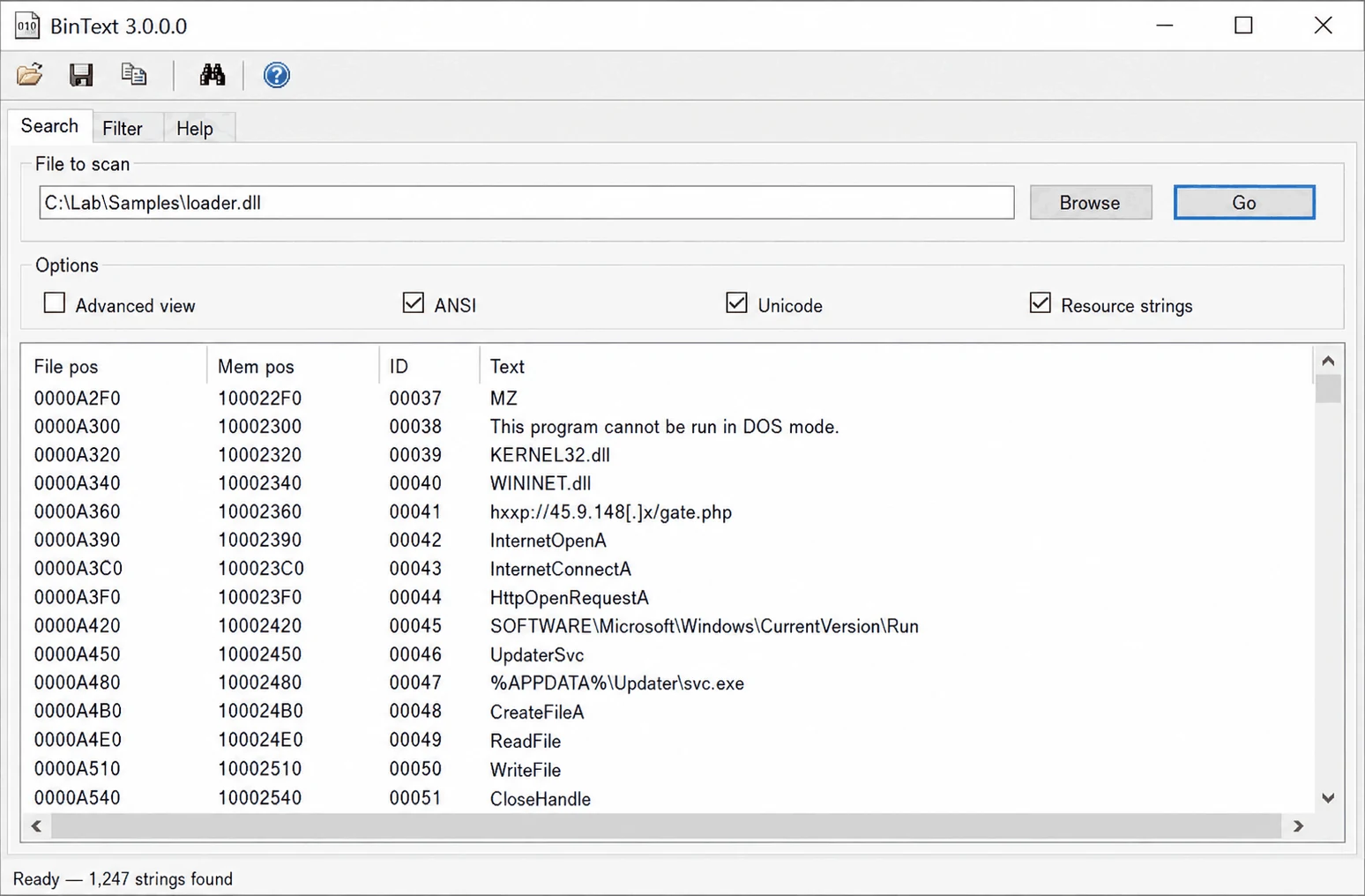 BinText extracting strings through a GUI, listing file position, memory position and the recovered text