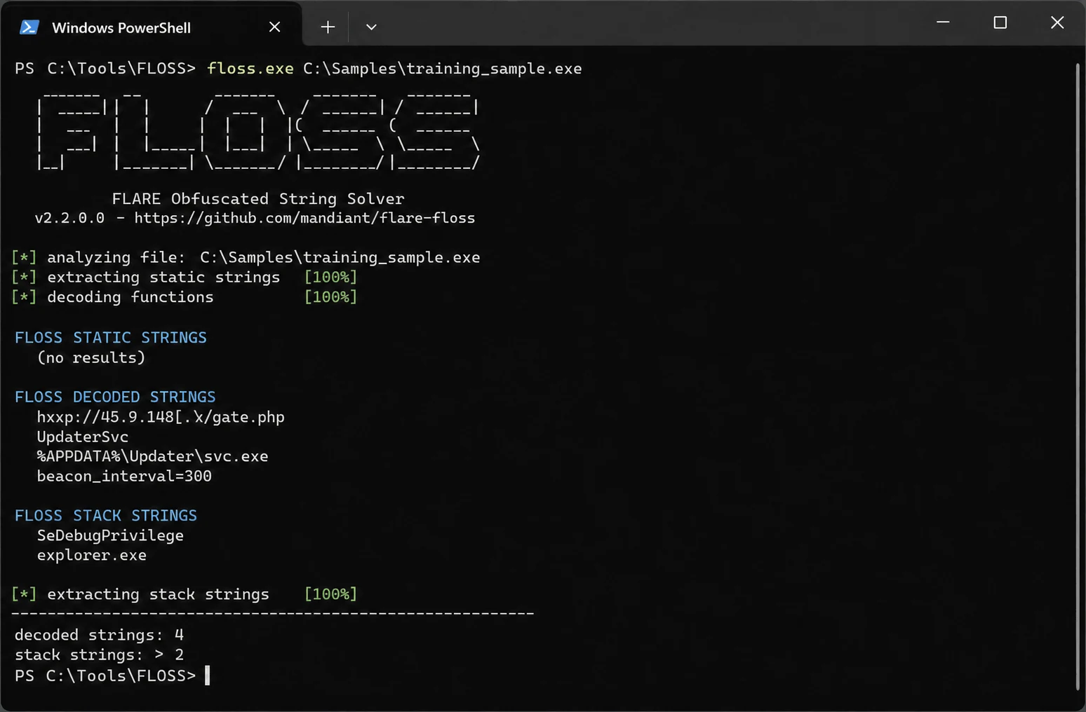 FLOSS output showing decoded obfuscated strings from a malware sample