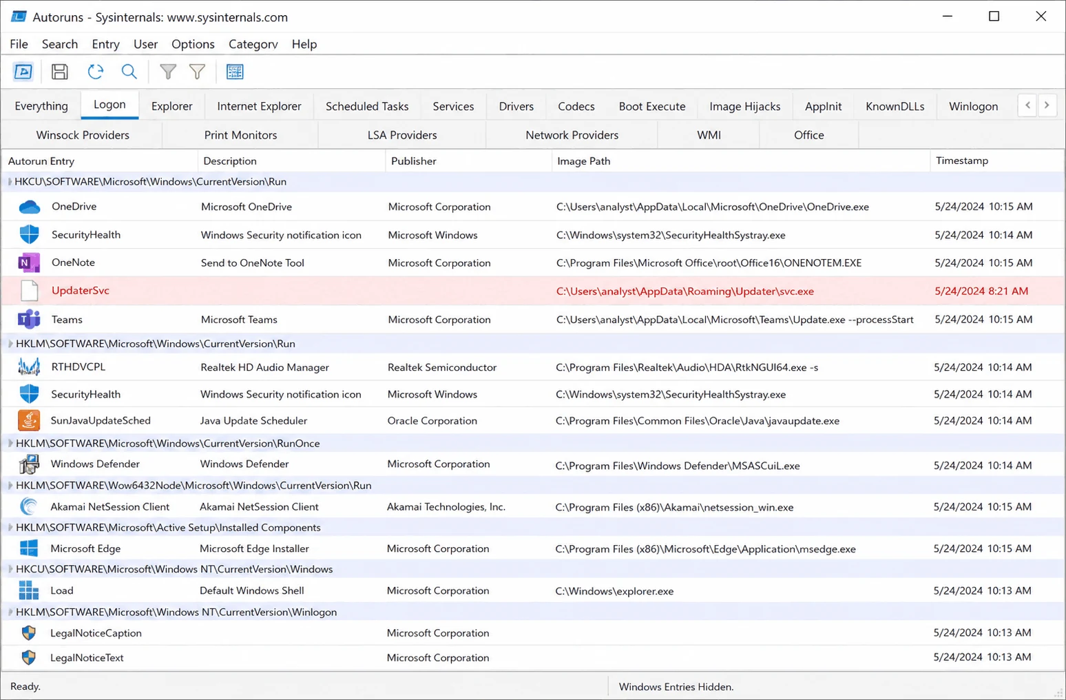 Autoruns showing logon persistence entries, with an unsigned entry standing out against signed Microsoft ones