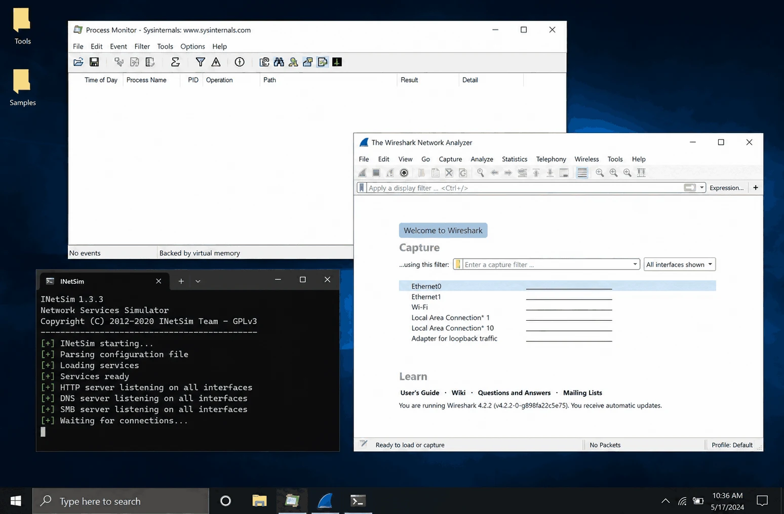 Analysis VM desktop with Procmon, Wireshark, and FakeNet-NG running