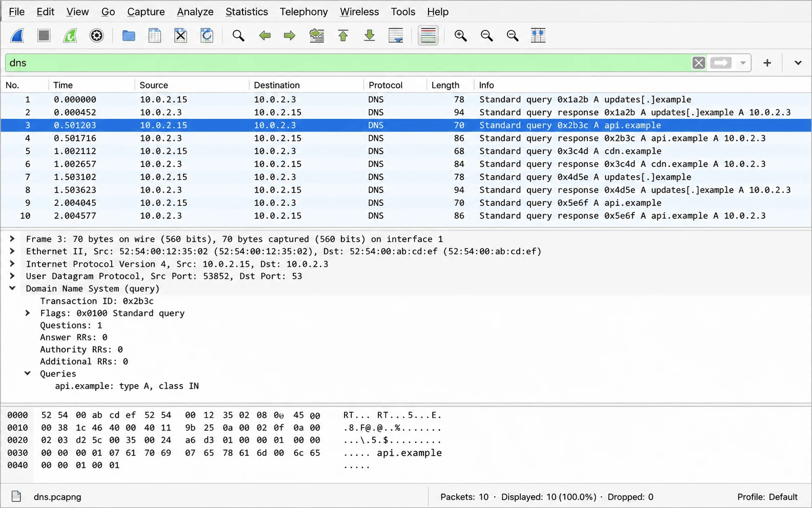 Wireshark showing DNS queries made immediately after malware execution