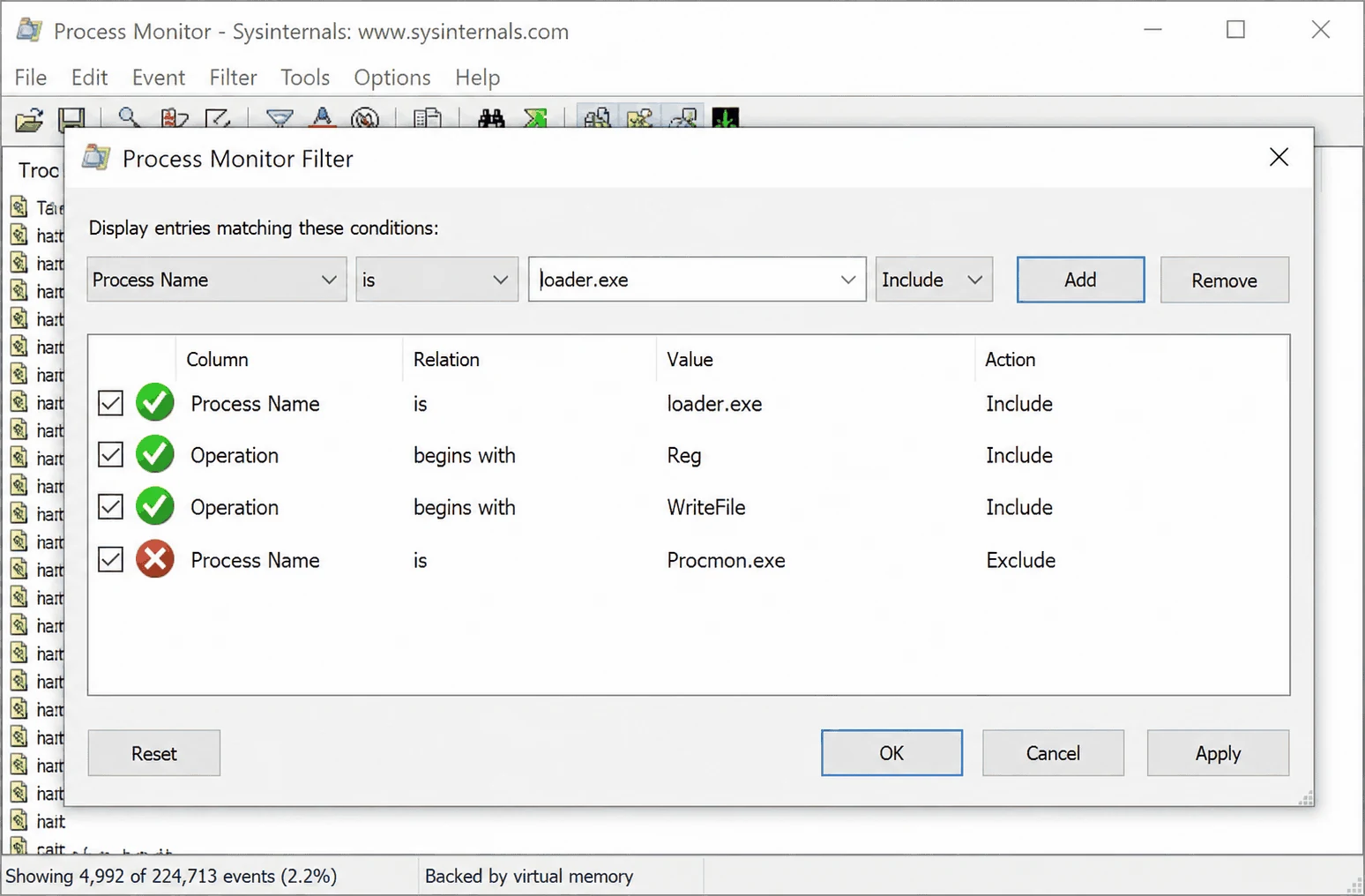 Procmon filter dialog configured to isolate malware activity