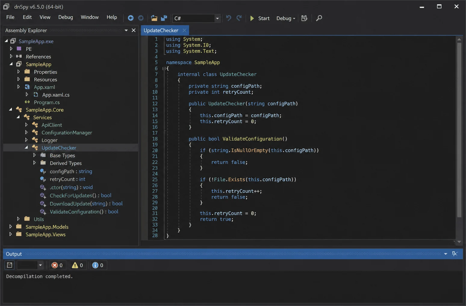 dnSpy decompiling a .NET assembly: the assembly explorer tree on the left and reconstructed C# in the centre pane