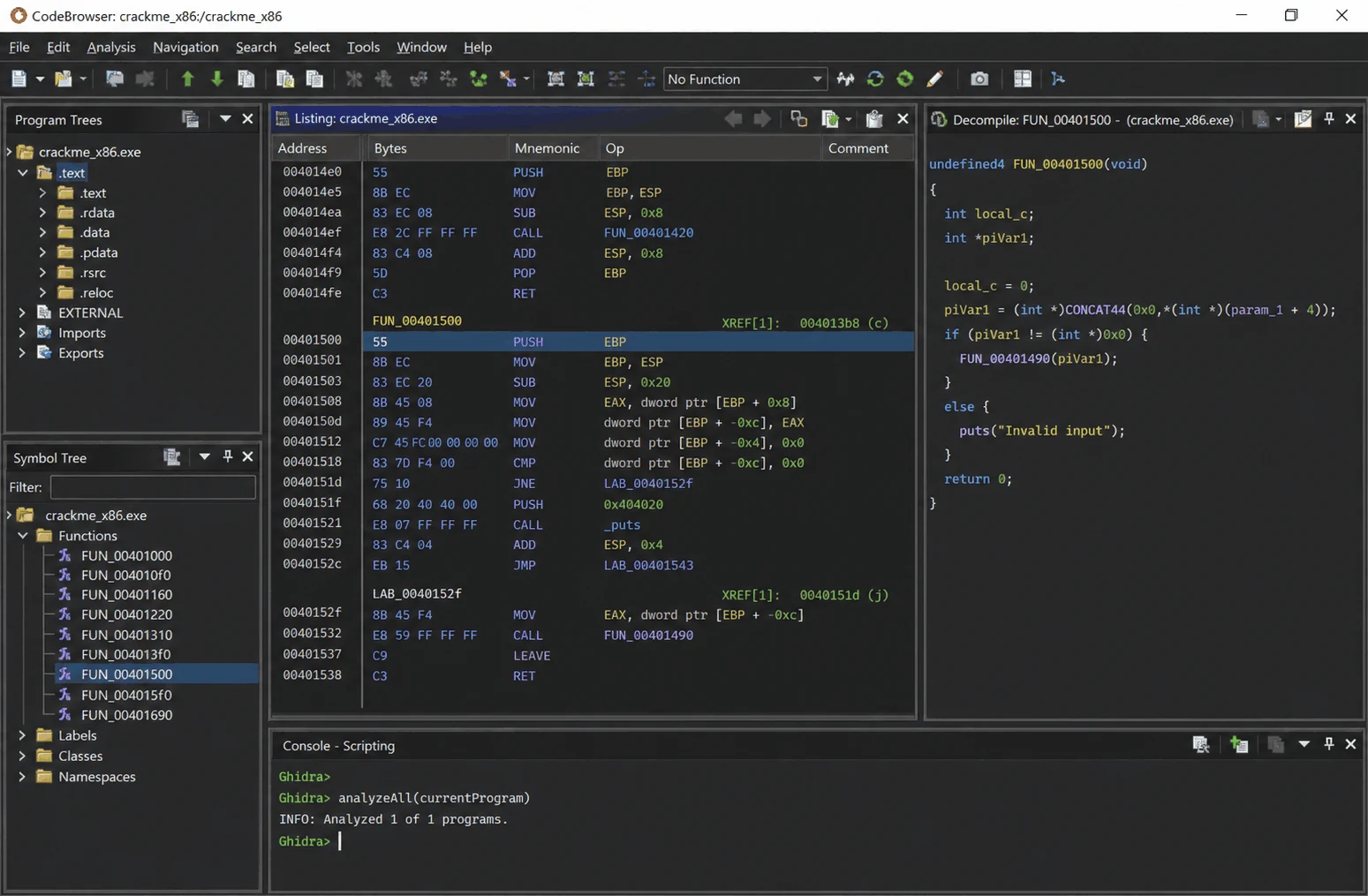 The Ghidra CodeBrowser: program tree and symbol tree on the left, disassembly listing in the centre, and the decompiled C for the selected function on the right